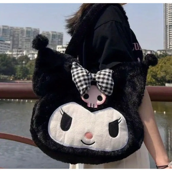 Kuromi Plush Shoulder Bag Fluffy Lolita Style Gothic Punk Tote Bag - Picture 1 of 5